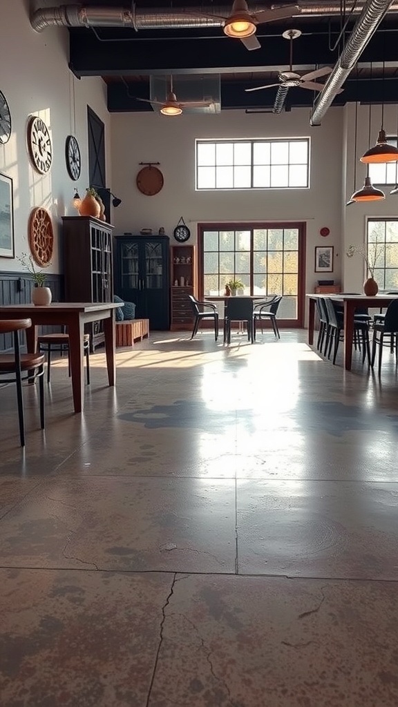 A spacious interior with a beautifully finished epoxy floor, showcasing layering techniques.