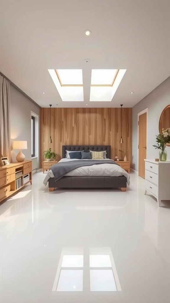 Cozy bedroom with epoxy floor and layered textiles