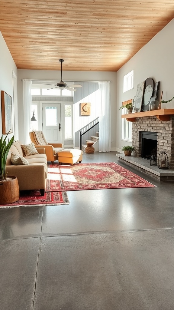 A modern living room featuring polished cement floors, a wood ceiling, and layered textiles for warmth.