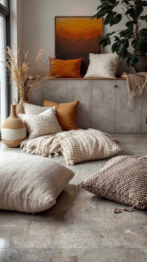 A cozy living space with layered soft furnishings including pillows and blankets.