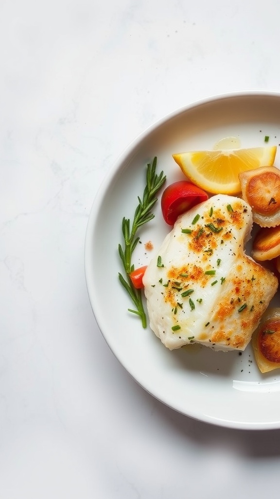 A plate of Lemon Butter Baked Cod garnished with herbs and lemon slices.