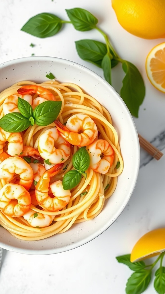 A delicious bowl of Lemon Basil Shrimp Linguine with fresh shrimp, basil, and lemon