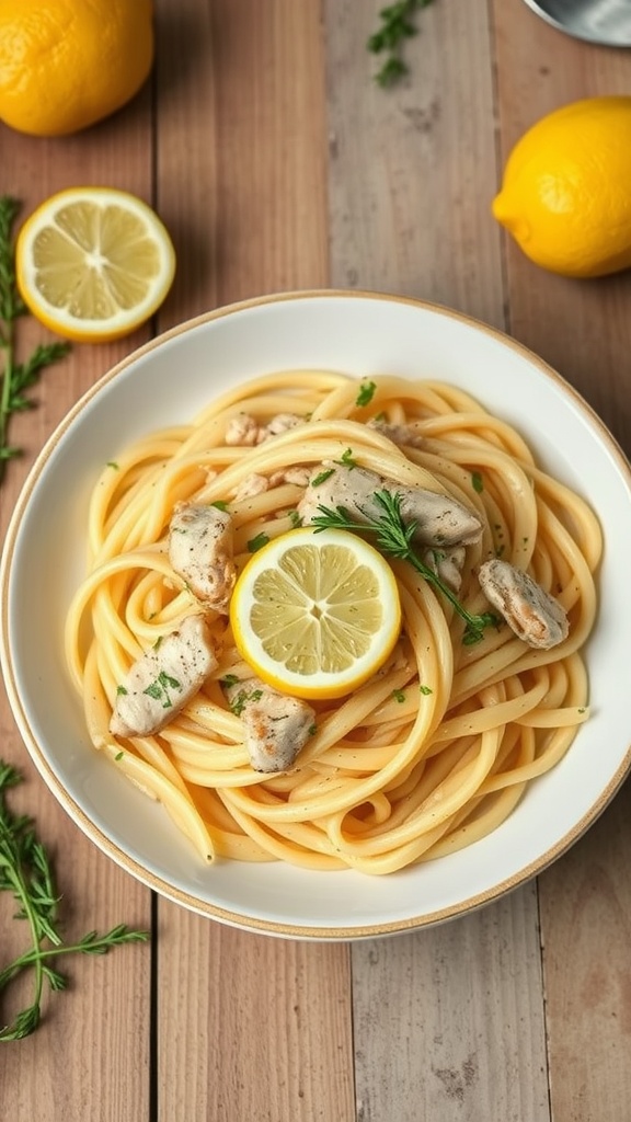 Plate of Lemon Butter Chicken Pasta with lemon slices and parsley on top