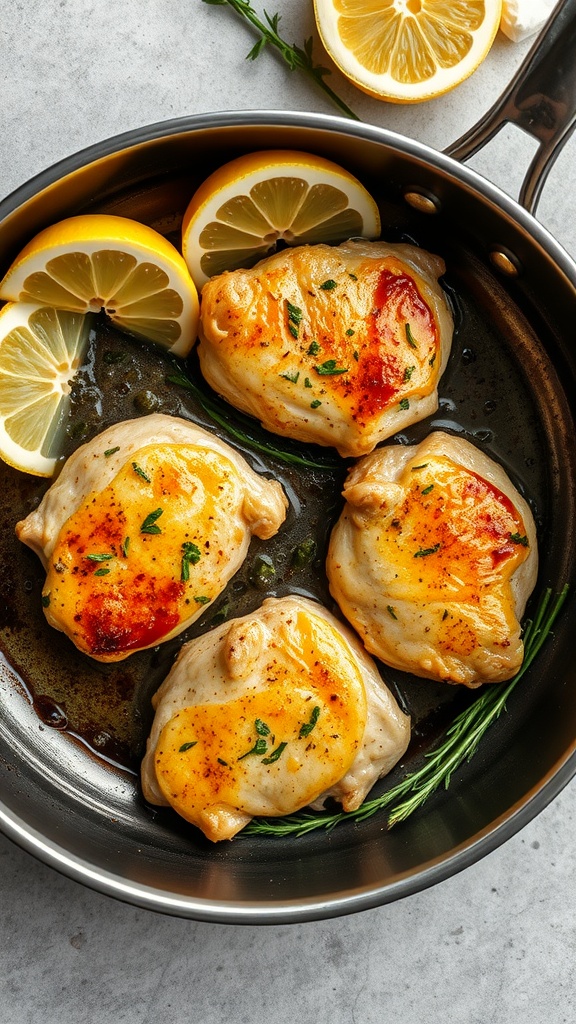 Lemon Butter Chicken Thighs in a skillet with lemon slices