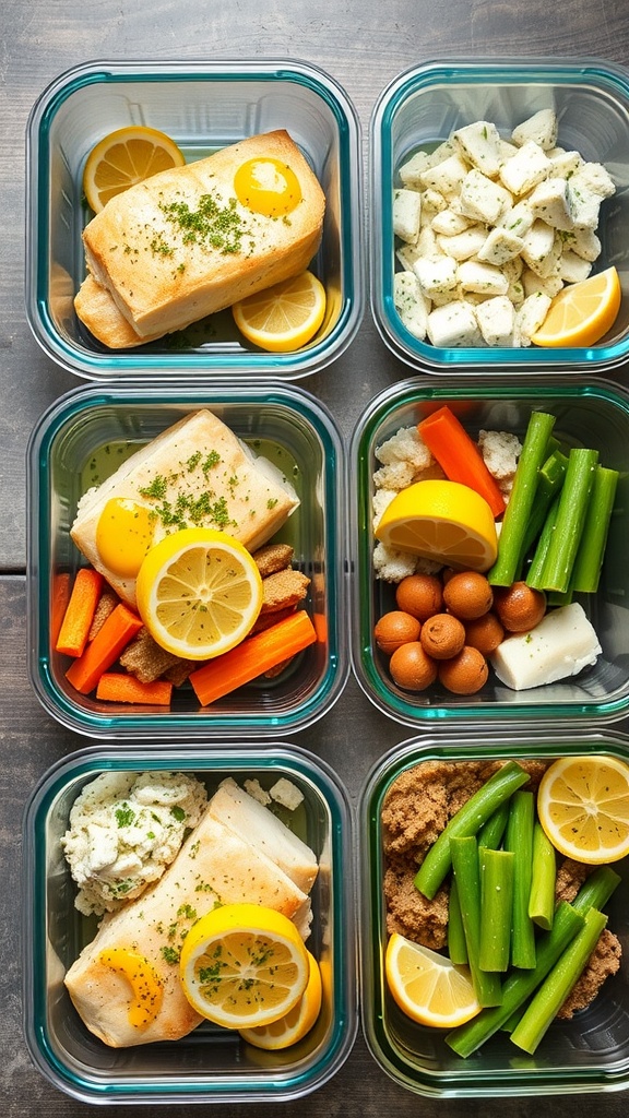 Meal prep containers with lemon butter baked cod and assorted vegetables.