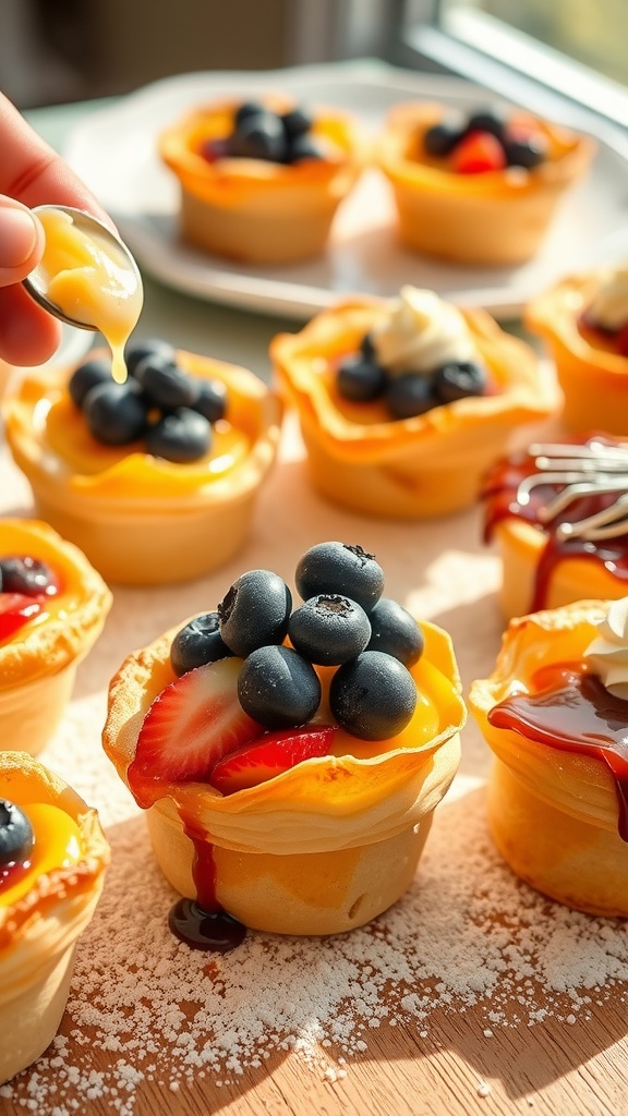 Delicious lemon curd puff pastry cups topped with fresh berries and whipped cream.