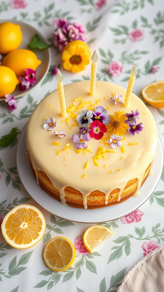 A delicious lemon drizzle cake decorated with flowers and lemons.