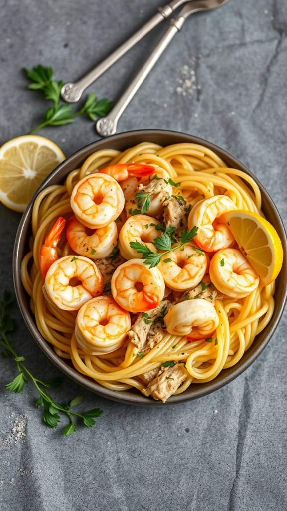 Bowl of Lemon Garlic Shrimp and Chicken Pasta with lemon slices and parsley