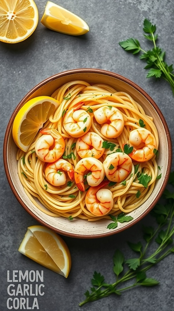 Delicious lemon garlic shrimp pasta served in a bowl with lemon wedges and parsley