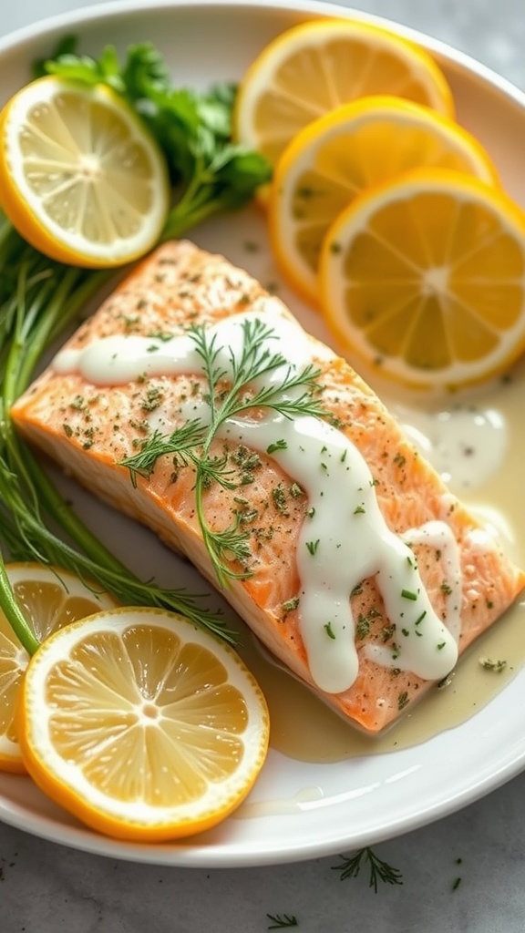 A plate with lemon herb baked salmon, dill sauce, and lemon slices.