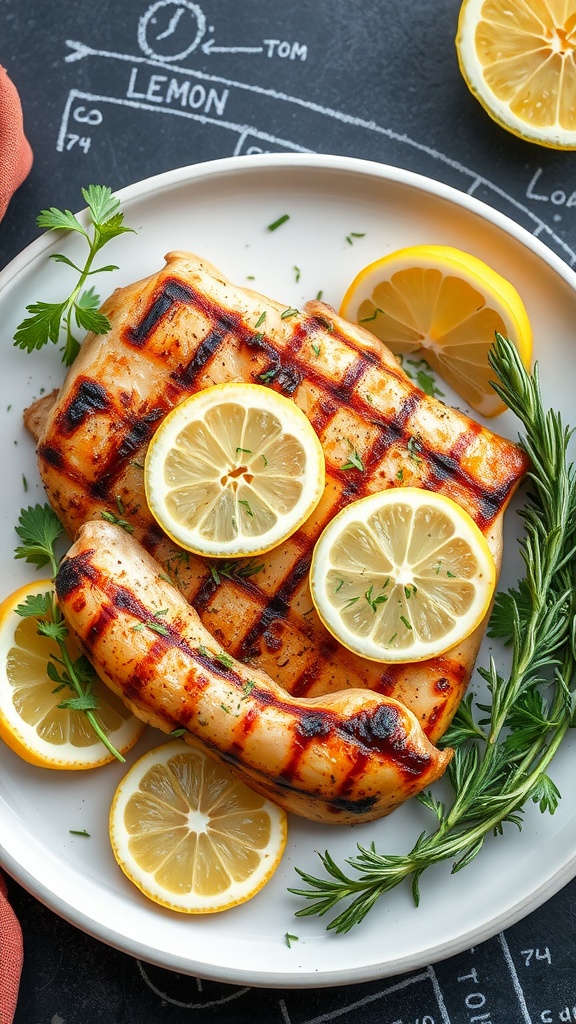 Grilled chicken with lemon slices and herbs