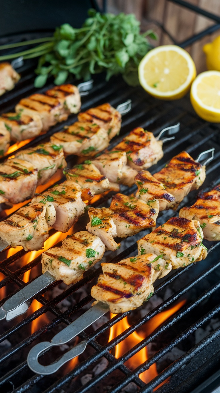 Grilled chicken skewers with herbs and lemon on a grill