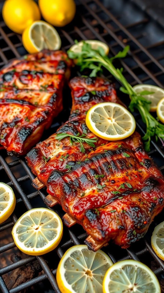 Grilled ribs with lemon slices and herbs