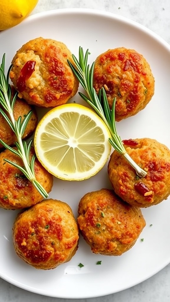 Plate of lemon herb sausage balls garnished with lemon slices and rosemary