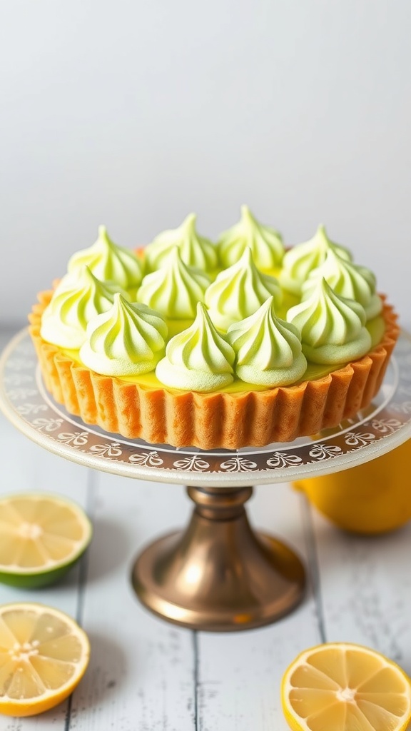 A lemon lime tart topped with swirled meringue on a stand.