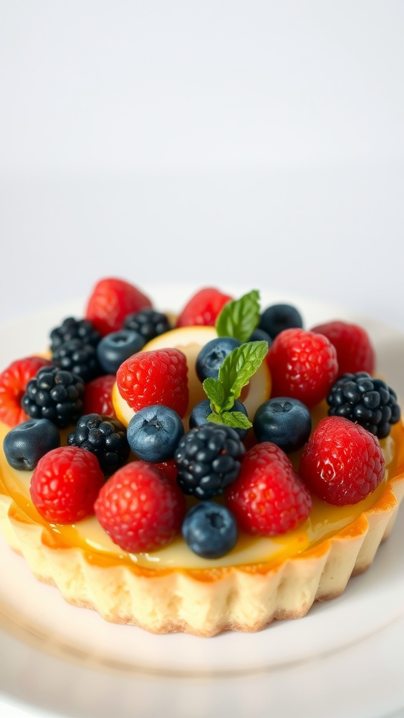 A lemon tart topped with fresh berries and mint leaves.