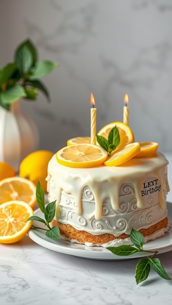 A beautifully decorated lemon zest birthday cake with candles and lemon slices.