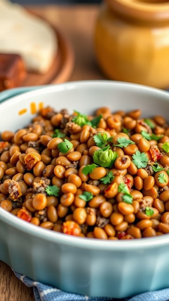 A delicious lentil and ground beef casserole served in a dish, garnished with parsley.
