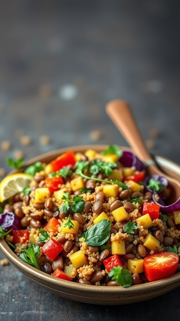 A vibrant bowl of lentil and quinoa salad with colorful vegetables.