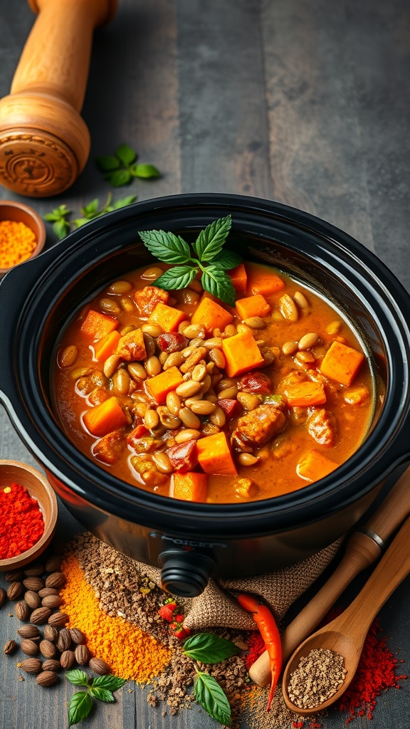 A bowl of lentil and sweet potato curry with spices and garnishes around it.