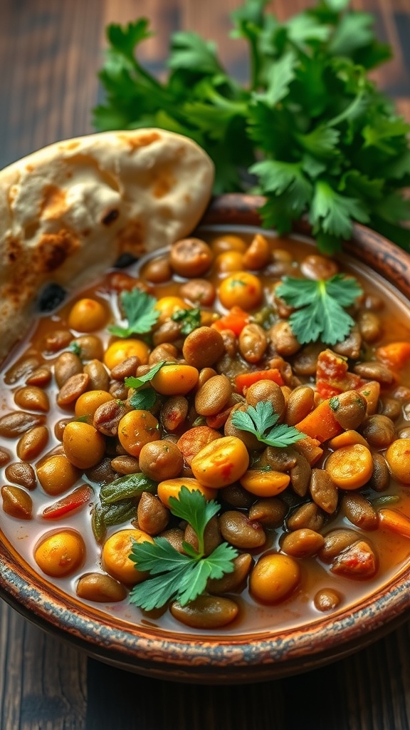 A bowl of lentil and vegetable curry garnished with cilantro.