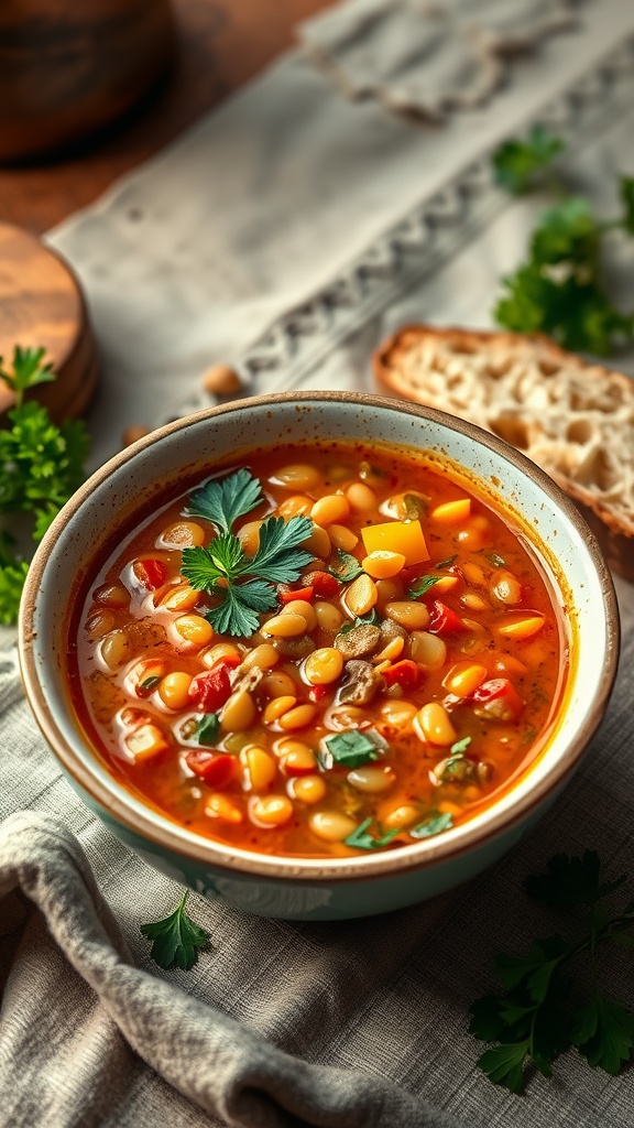 A bowl of lentil and vegetable soup garnished with parsley, served with bread on the side.