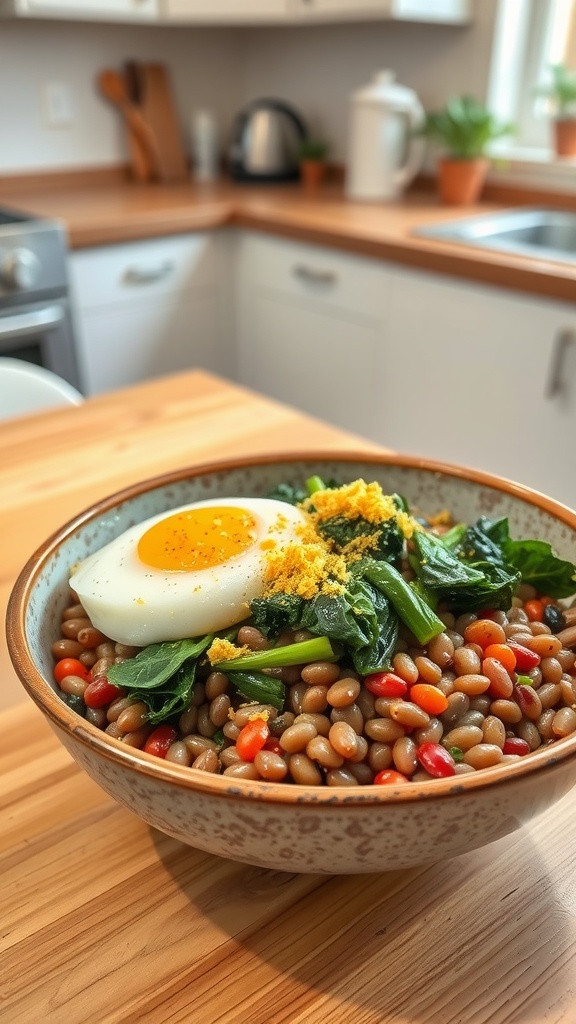 A hearty lentil breakfast bowl with greens and a soft-boiled egg