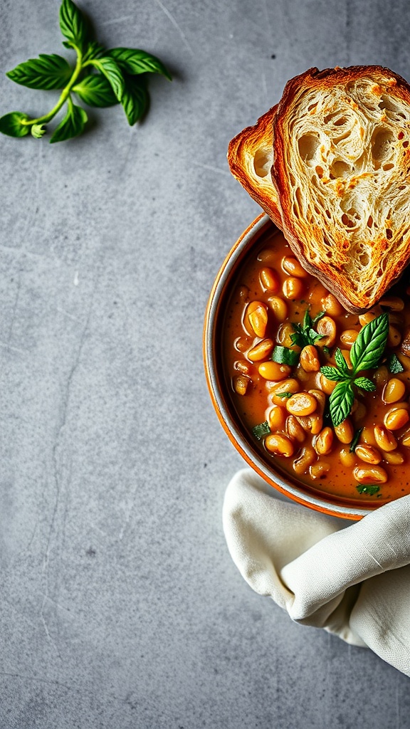 A delicious bowl of lentil soup with a slice of bread on the side.
