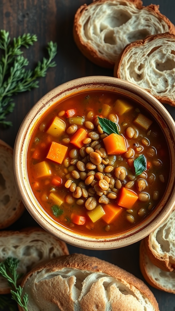 A bowl of lentil soup with carrots and celery, surrounded by slices of bread.