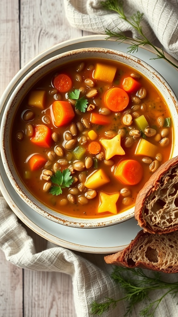 A bowl of lentil soup with carrots and celery.