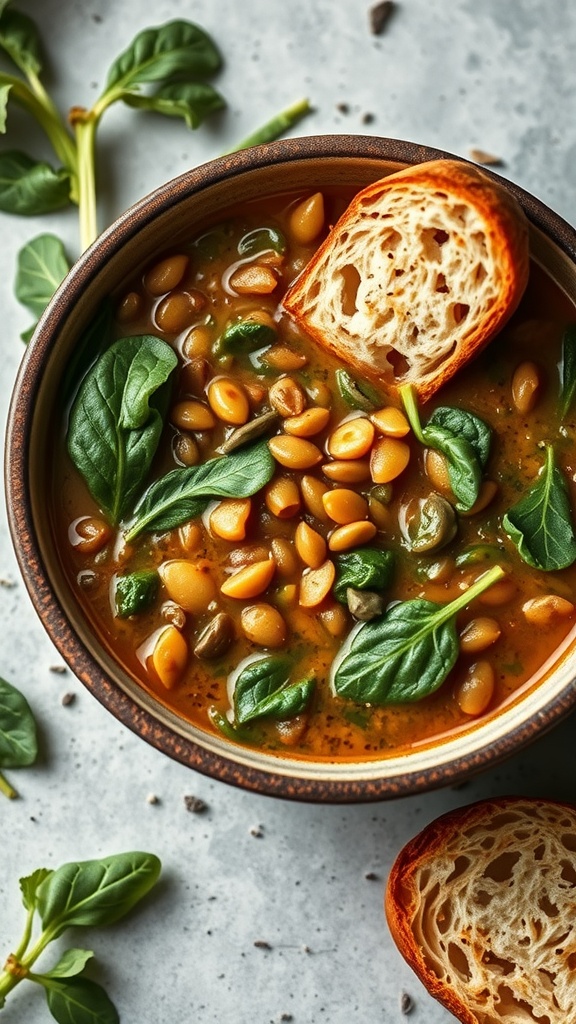 A bowl of lentil soup with spinach and bread on the side