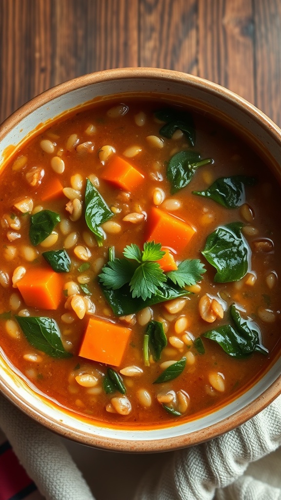 A bowl of lentil soup filled with spinach and carrots, showcasing a vibrant and hearty meal.