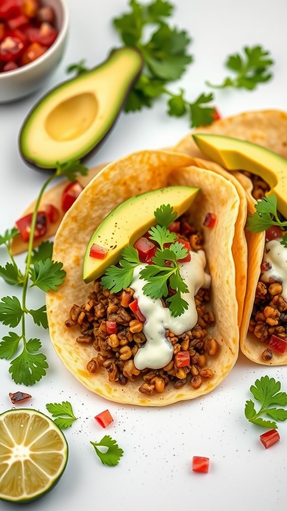 Lentil tacos garnished with avocado crema, cilantro, and diced tomatoes.