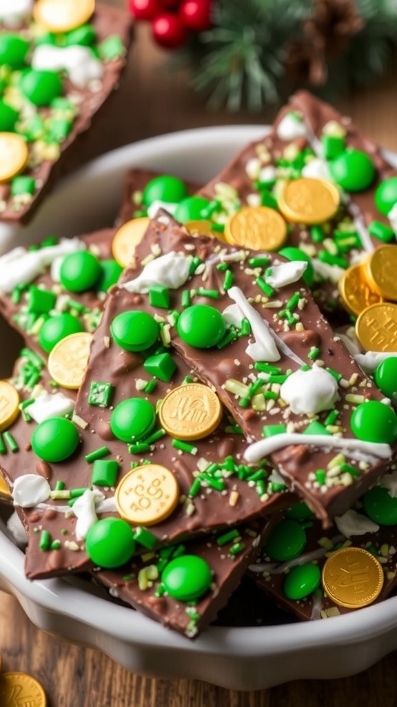 Colorful Leprechaun Bark with green candies and gold chocolate coins