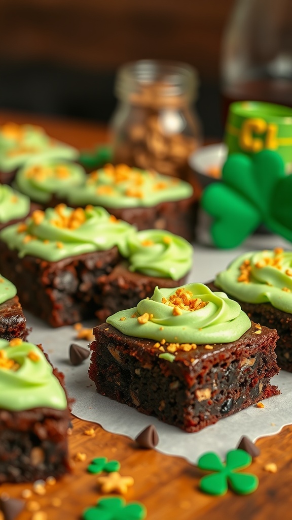 Leprechaun Mint Chocolate Brownies with green frosting and decorations