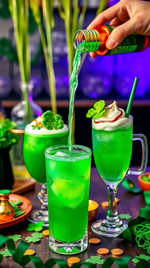 A vibrant green drink served in a glass, garnished with mint leaves, perfect for St. Patrick's Day celebrations.