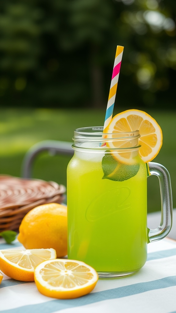 A refreshing glass of Leprechaun's Lemonade with lemon slices and a colorful straw.