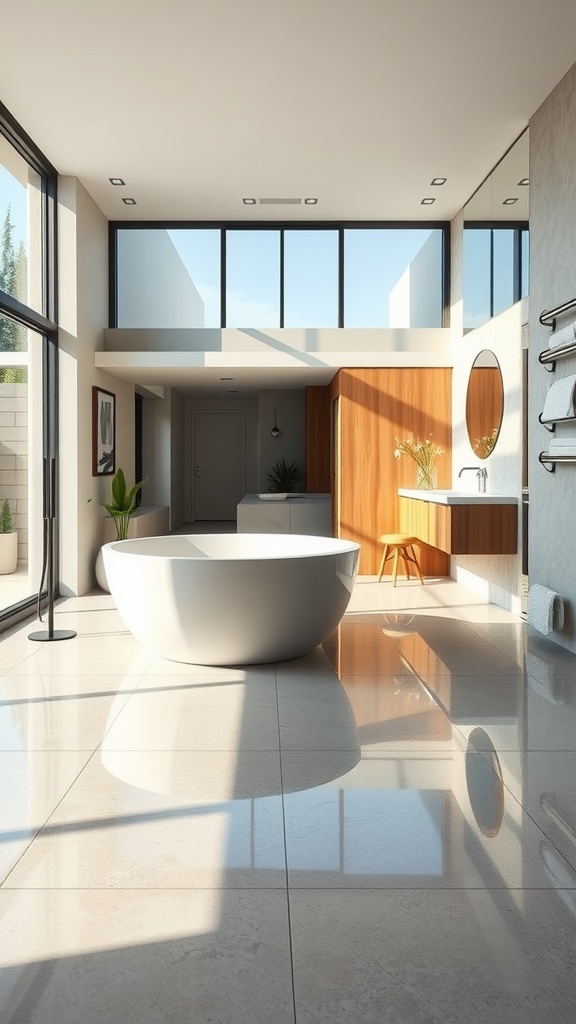 A bright modern bathroom with polished concrete flooring and large windows.