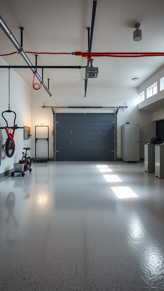 Bright and clean garage with light-reflecting epoxy flooring.