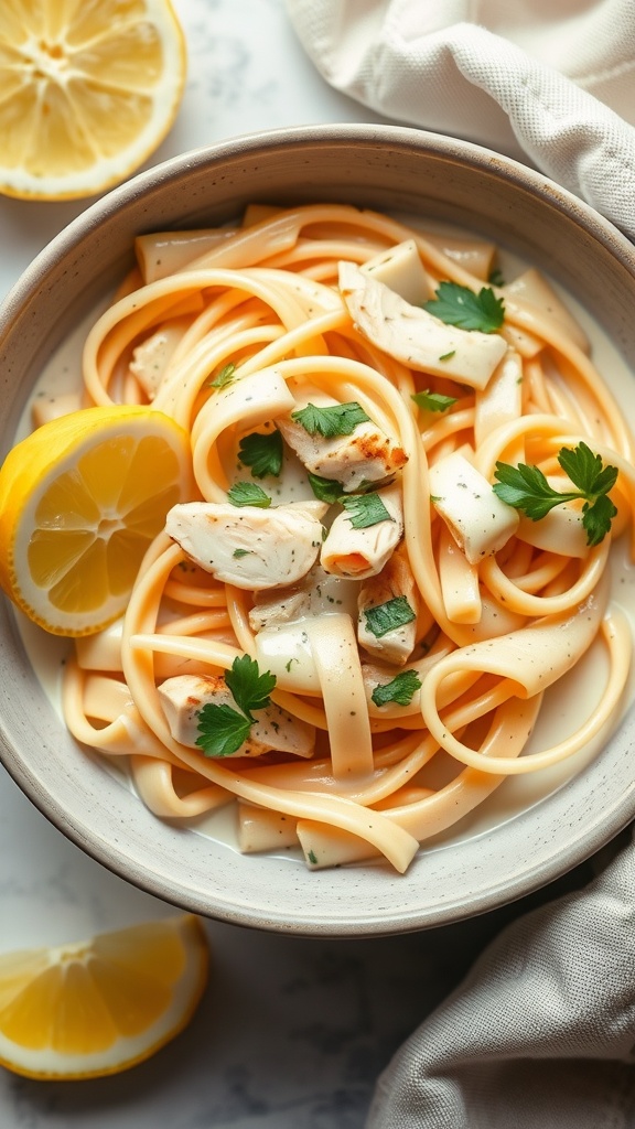 A bowl of fettuccine pasta with chicken in a light cream sauce, garnished with parsley and lemon slices.