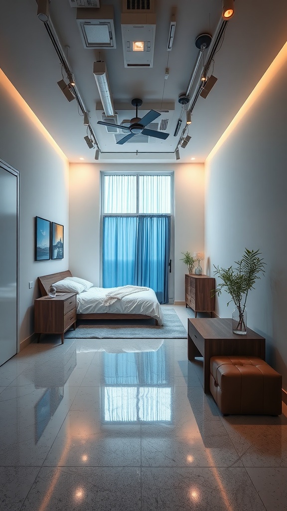 Modern bedroom featuring an epoxy floor with soft lighting and bright natural light