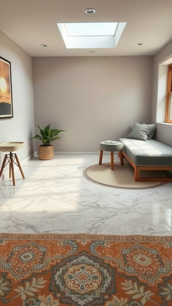 Cozy space with epoxy floors reflecting warm lighting and a decorative sign on the wall.