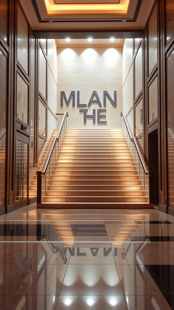 Grand staircase with illuminated steps and glossy epoxy floor
