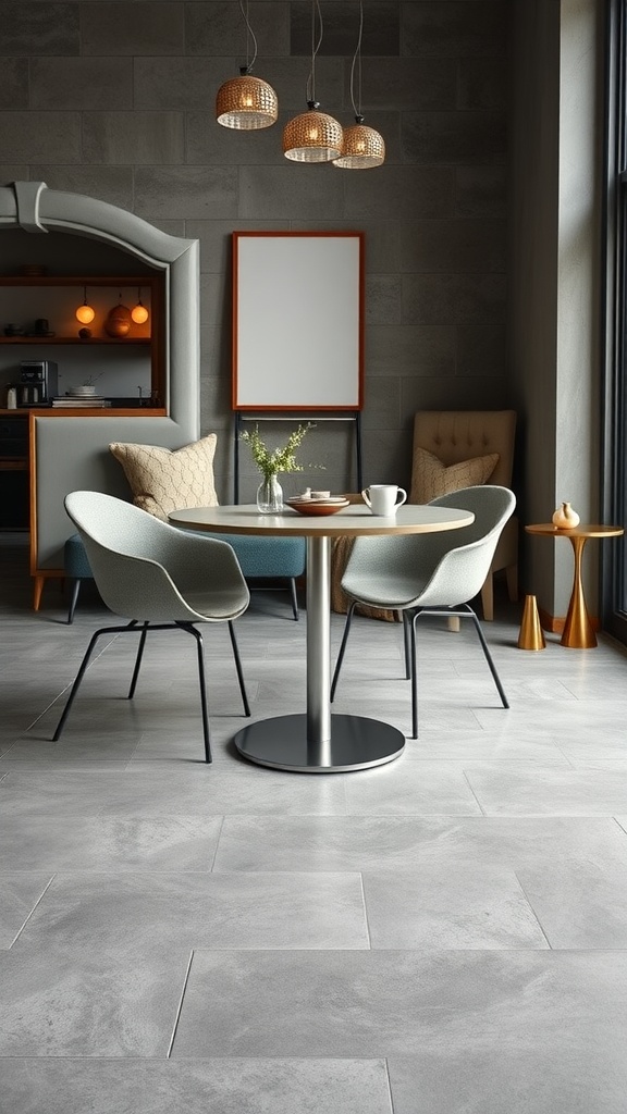 A minimalist interior shot focusing on a grey polished concrete floor with soft lighting and window shadows.