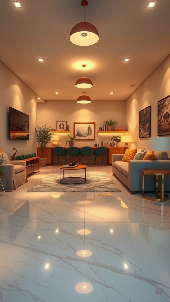 A cozy living room with epoxy floor and warm lighting