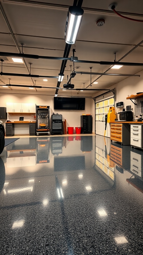 A well-lit garage workshop with polished epoxy floor and organized tools.