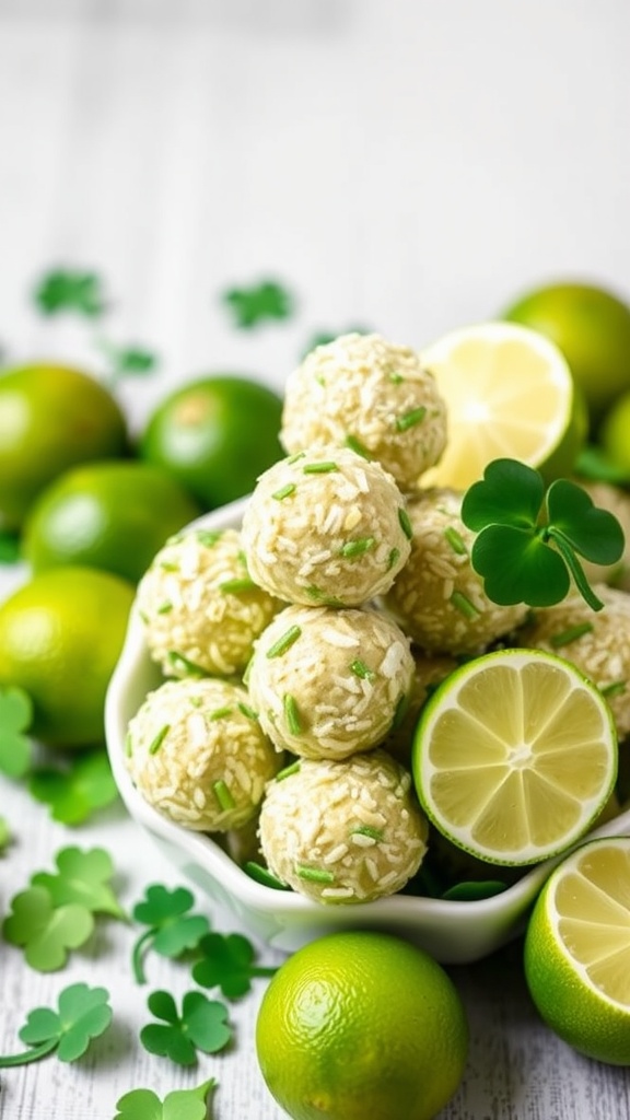Lime and Coconut Energy Balls served with lime slices and green decorations.