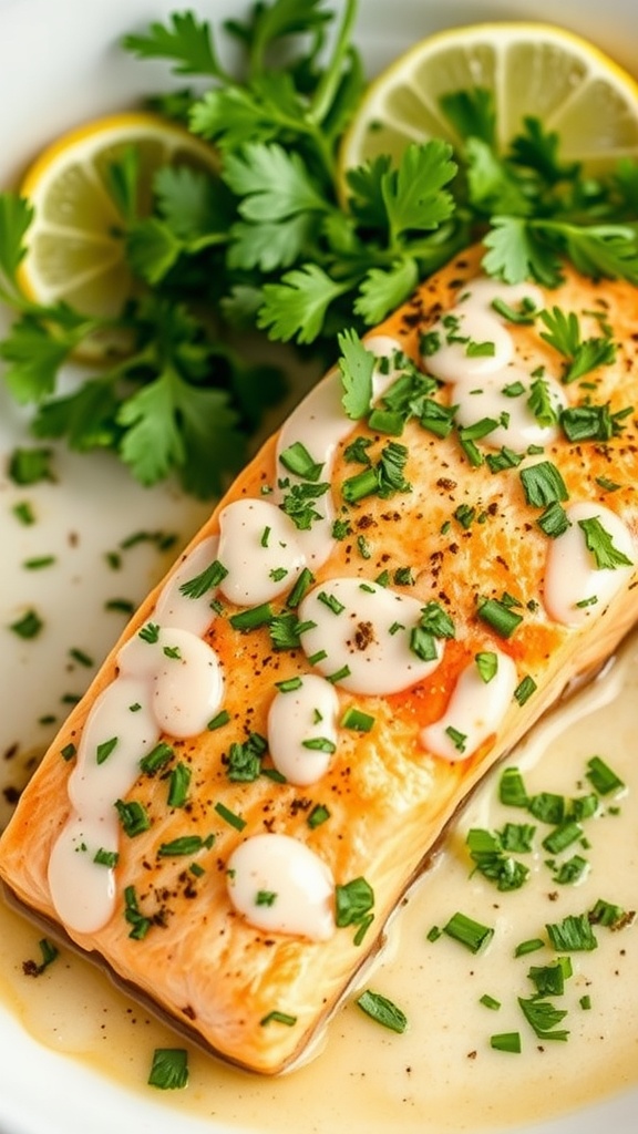 A plate of baked salmon topped with lime, cilantro, and dill sauce.