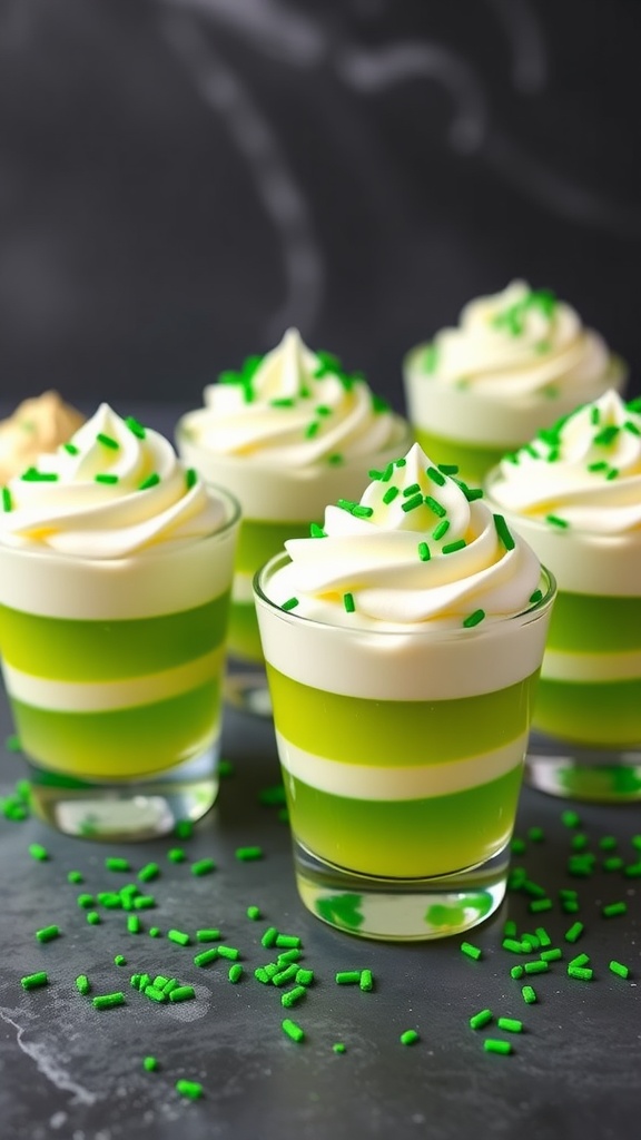 Colorful lime jello cups with whipped topping and green sprinkles, perfect for St. Patrick's Day.