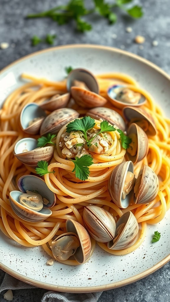 Delicious plate of linguine with clams and garlic topped with fresh herbs